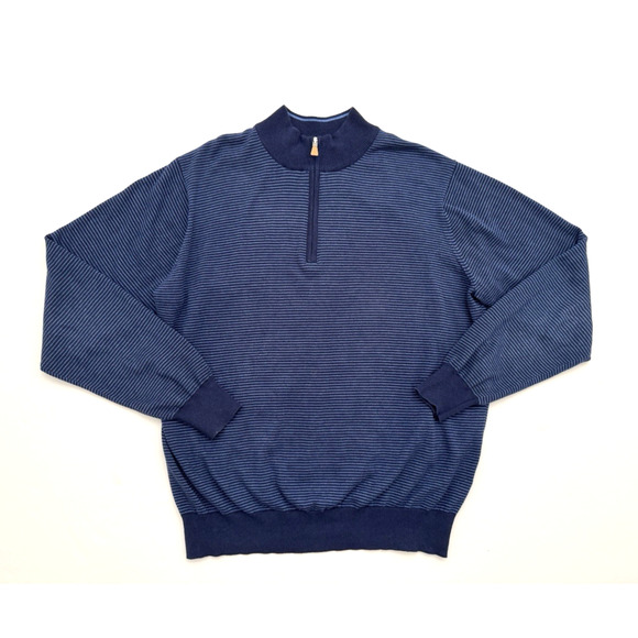 Peter Millar Sweater Long-Sleeve Quarter-Zip Blue Stripe Cotton Silk Cashmere - Picture 1 of 7
